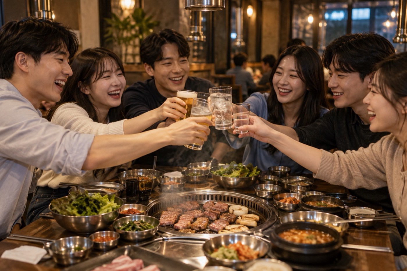 고깃집 회식 자리에서 맥주잔, 탄산수잔, 소주잔을 함께 부딪치며 건배하는 직장인들 이미지