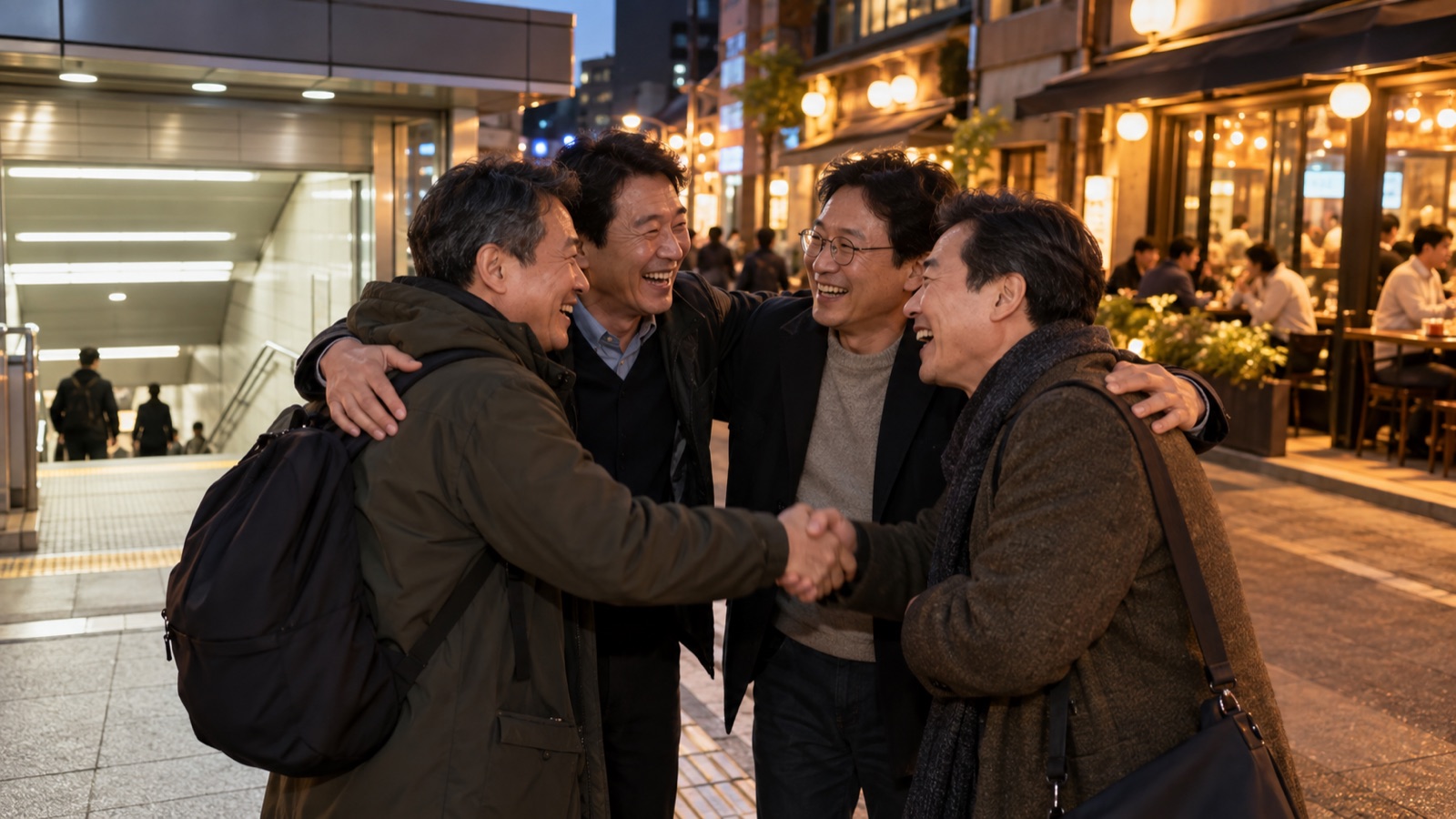 지하철역 출구 앞에서 오랜 친구들이 서로를 알아보고 반갑게 인사하는 장면 이미지