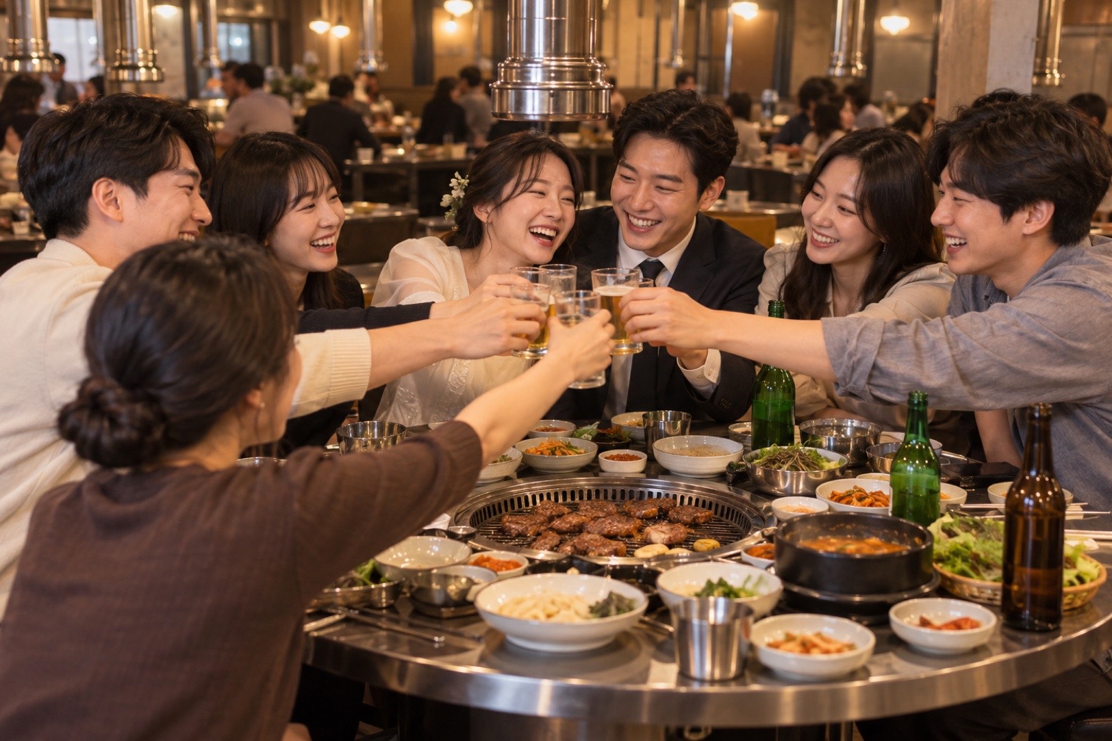 고깃집에서 친구들이 예비 신랑 신부를 축하하며 잔을 부딪치는 일러스트