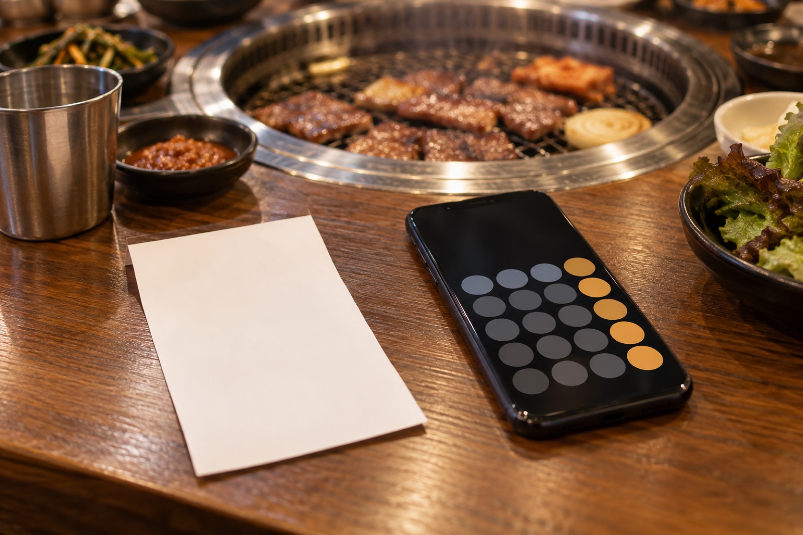 고깃집 테이블에서 빈 영수증과 휴대폰 계산기로 정산하는 장면 이미지