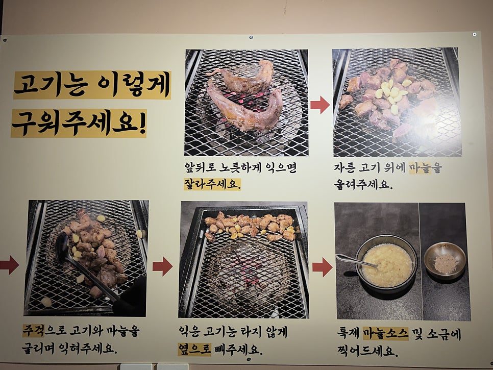 고기는 이렇게 구워주세요라고 적힌 고기석 건대본점 굽는 법 안내문