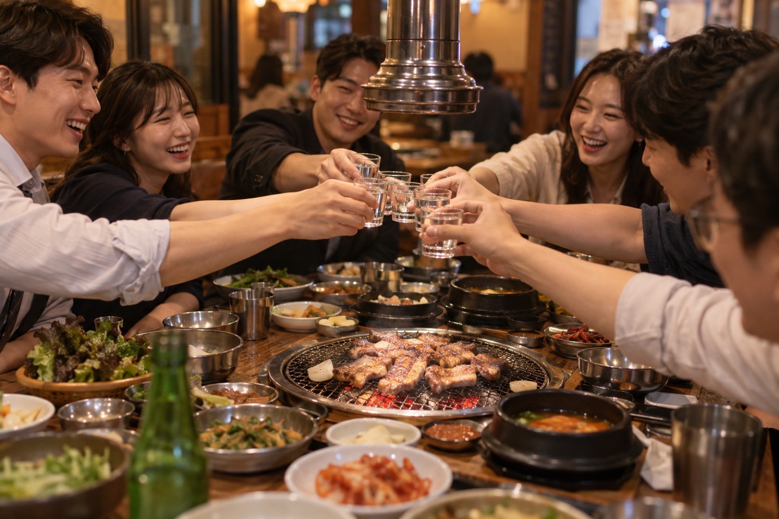 숯불 그릴을 가운데 두고 잔을 드는 직장인 동료들 일러스트