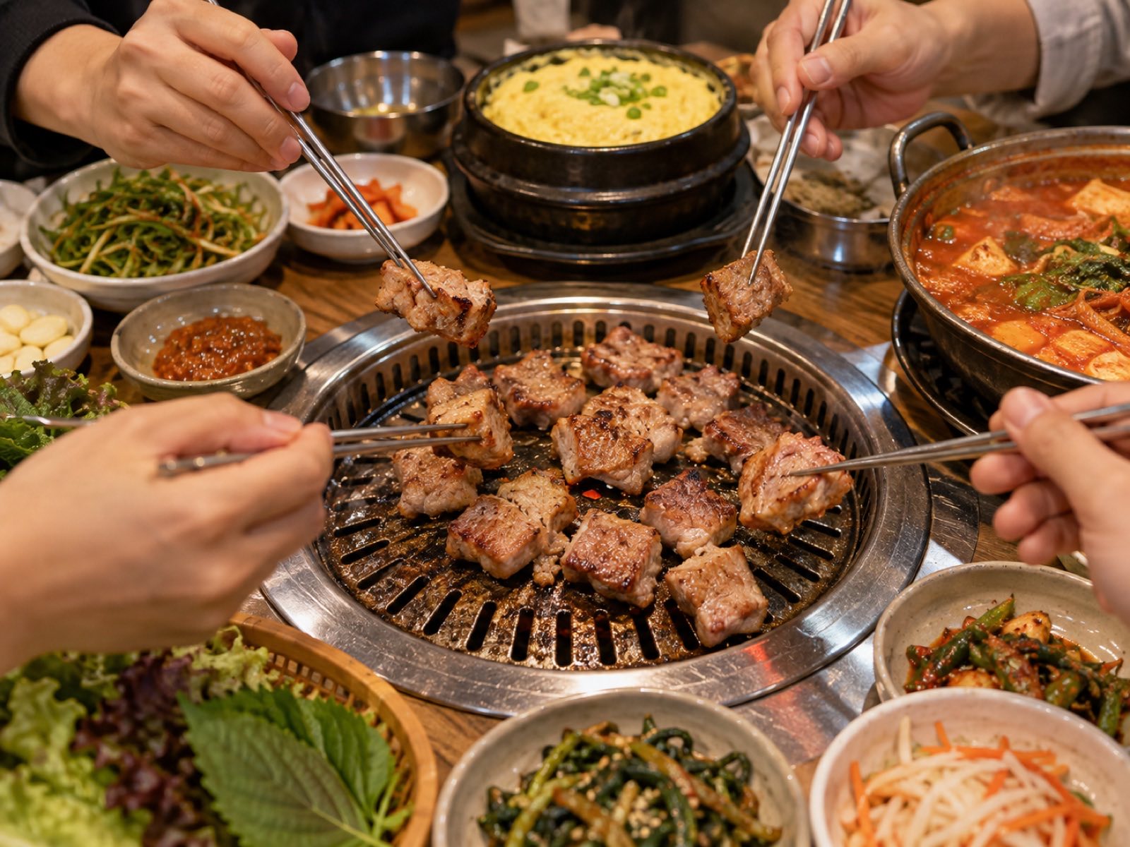 친구들이 고깃집 테이블에서 고기구이와 계란찜을 나눠 먹는 장면 이미지