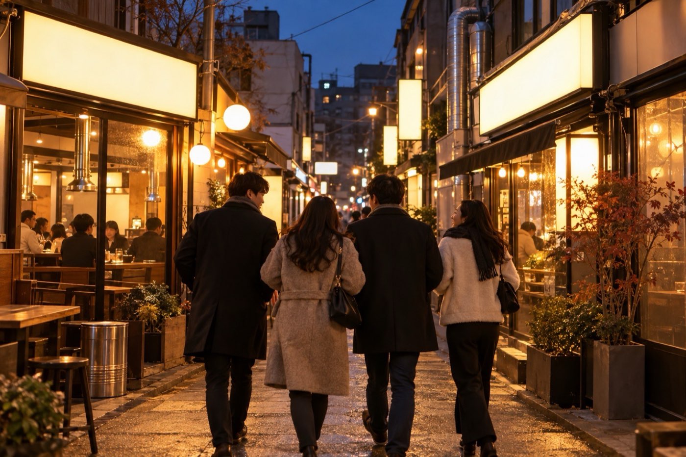 저녁 대학가 골목을 2차로 걸어가는 친구들 뒷모습 이미지