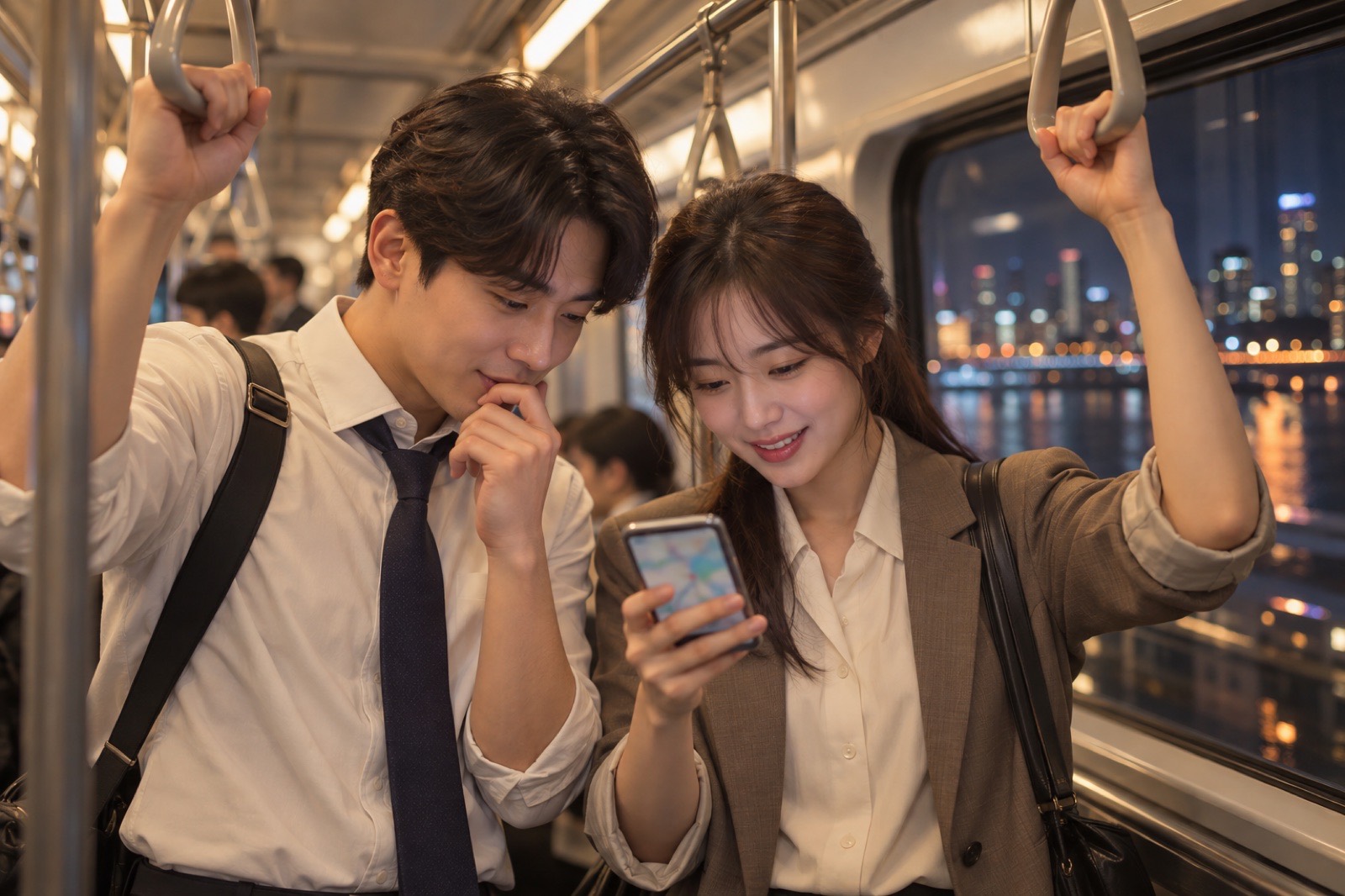 퇴근길 지하철 안에서 휴대폰 지도를 보며 저녁 메뉴를 고르는 두 사람 이미지