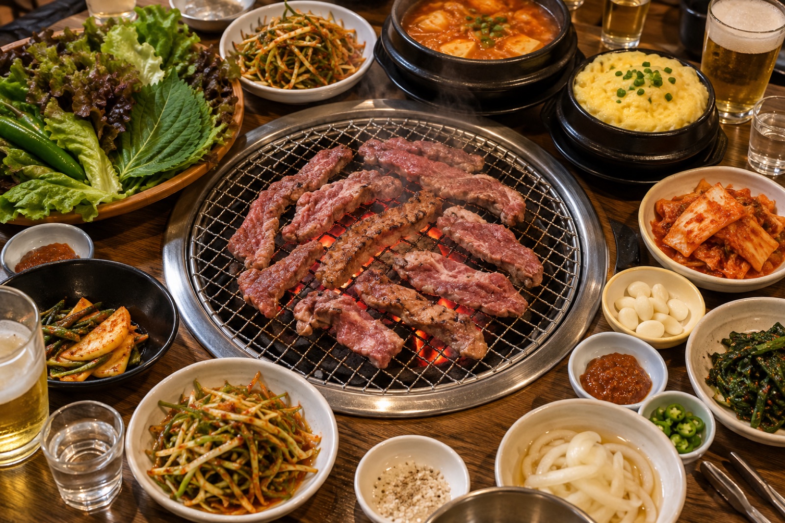 고깃집 테이블에 고기 접시와 식사 메뉴, 소주병과 음료가 놓인 회식 주문 예시 일러스트