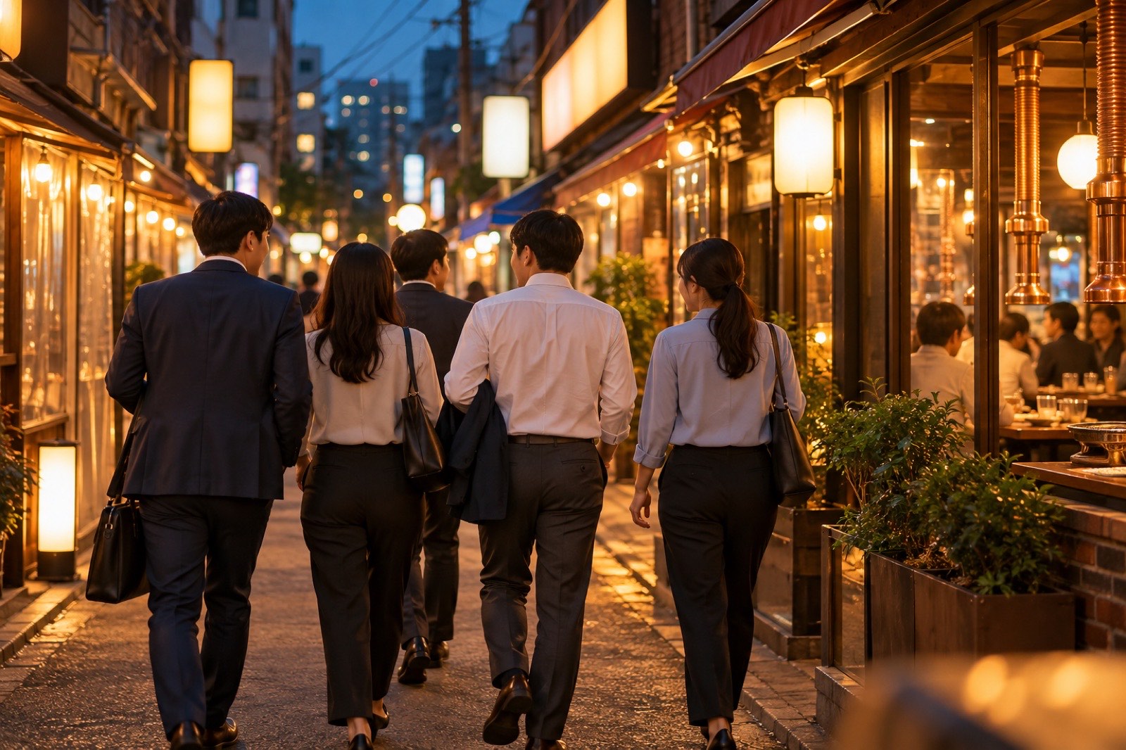 저녁 골목길을 함께 걸어가는 회사원 일행의 뒷모습 일러스트