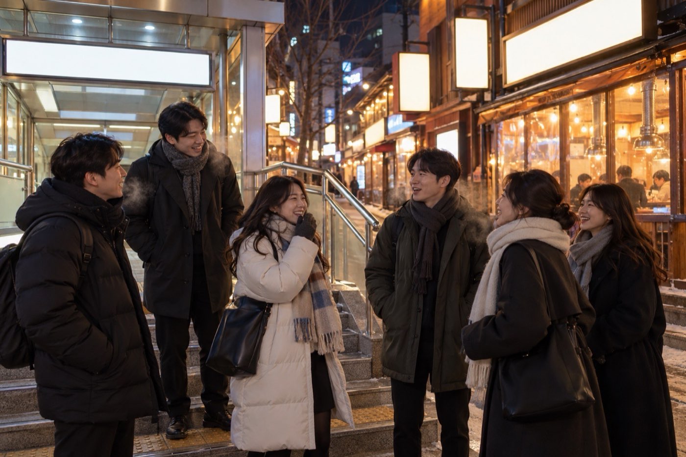 12월 저녁 지하철역 출구 앞에서 외투를 입고 모이는 직장인들 이미지